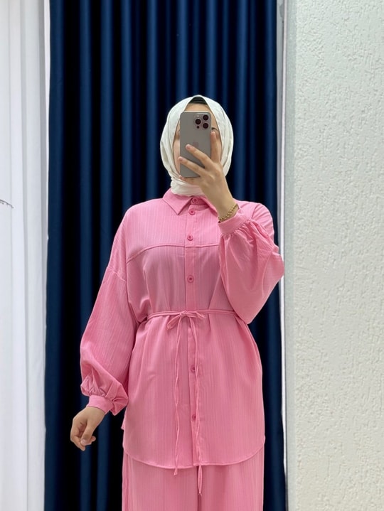 Behin Gömlek Önü Pervazlı Biyelii Dubai Pantolonlu Takım-EK-Z-480 Pembe