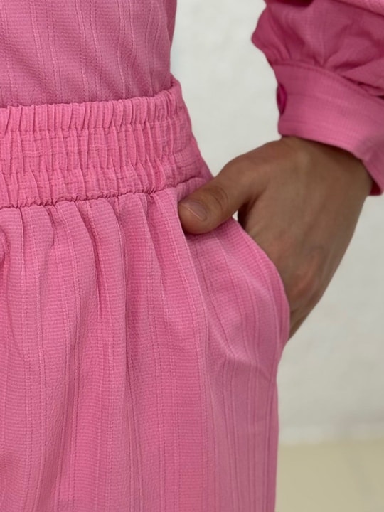 Behin Gömlek Önü Pervazlı Biyelii Dubai Pantolonlu Takım-EK-Z-480 Pembe