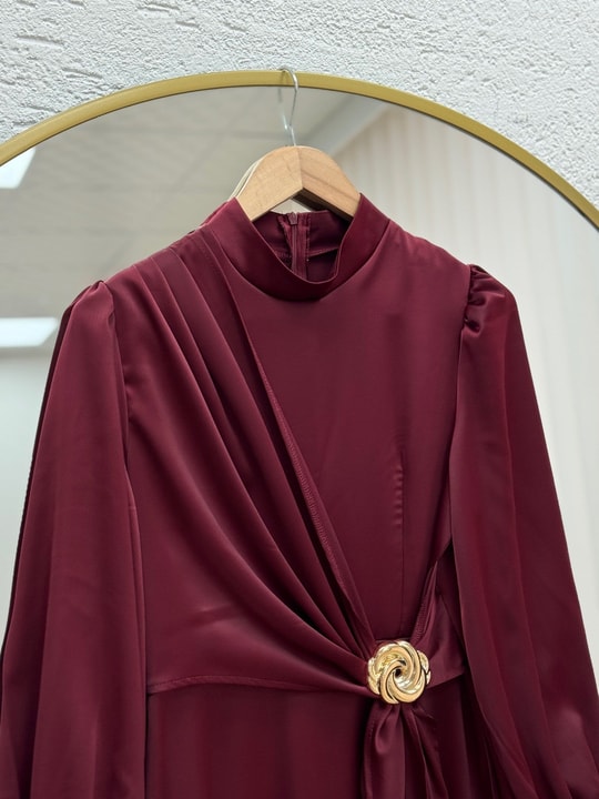 Belgi Güllü Saten Elbise-GE5157 Bordo
