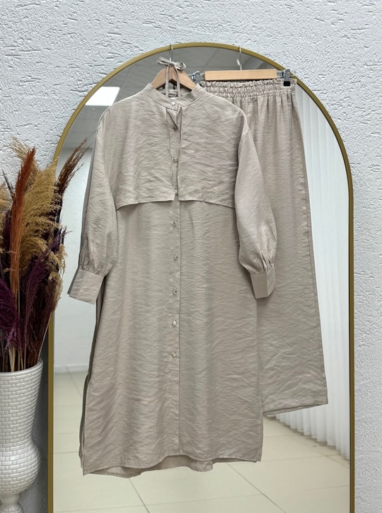 Belgin Bolerolu Tuniği Uzun Pantolonlu Modal Takım-ZŞ7078 Taş