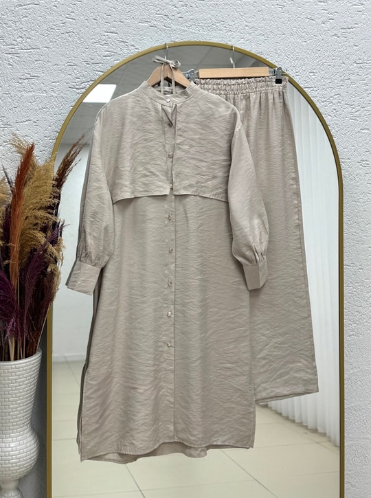 Belgin Bolerolu Tuniği Uzun Pantolonlu Modal Takım-ZŞ7078 Taş
