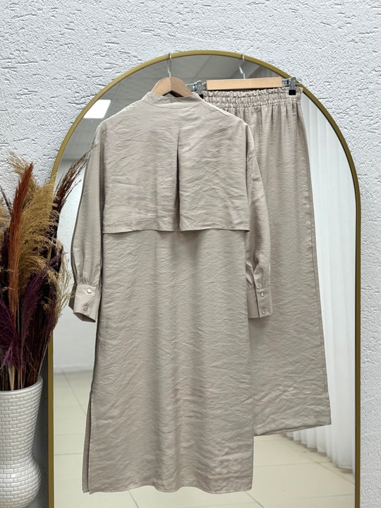 Belgin Bolerolu Tuniği Uzun Pantolonlu Modal Takım-ZŞ7078 Taş