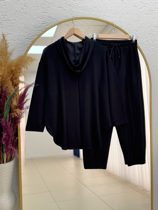Bemista Kapşonlu Çıtçıtlı  Yanı Yırtmaçlı Pantolonlu Takım-MA8329 Siyah
