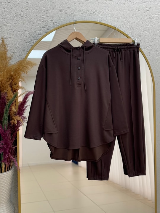 Bemista Kapşonlu Çıtçıtlı  Yanı Yırtmaçlı Pantolonlu Takım-MA8329 Kahve