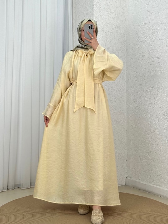 Bengül Fularlı Geniş Kol Elbise-HE8482 Sarı