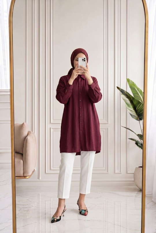 Benice Yırtmaç Detay Uzun Tunik-AS5976 Bordo