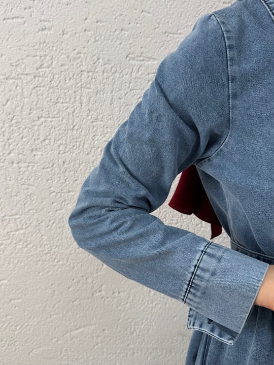 Berfu Yarım Patlı Beli Büzgülü Kot Elbise-ML2605 Mavi