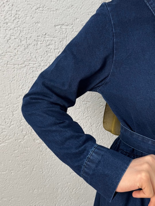 Berfu Yarım Patlı Beli Büzgülü Kot Elbise-ML2605 Kot Rengi