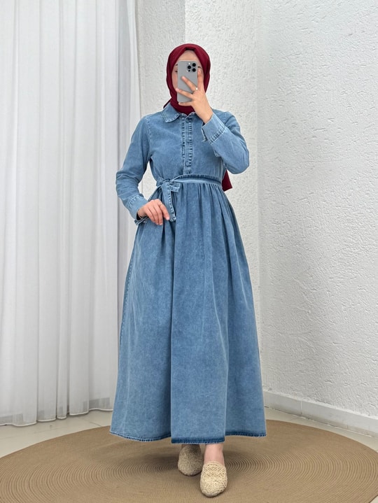 Berfu Yarım Patlı Beli Büzgülü Kot Elbise-ML2605 Mavi