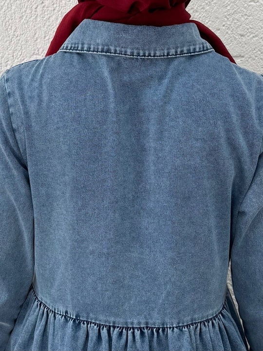 Berfu Yarım Patlı Beli Büzgülü Kot Elbise-ML2605 Mavi