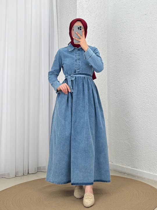 Berfu Yarım Patlı Beli Büzgülü Kot Elbise-ML2605 Mavi