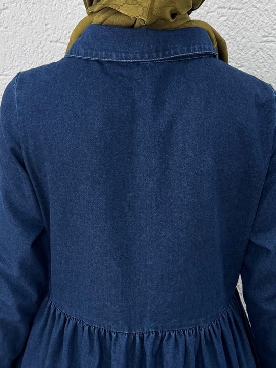 Berfu Yarım Patlı Beli Büzgülü Kot Elbise-ML2605 Kot Rengi
