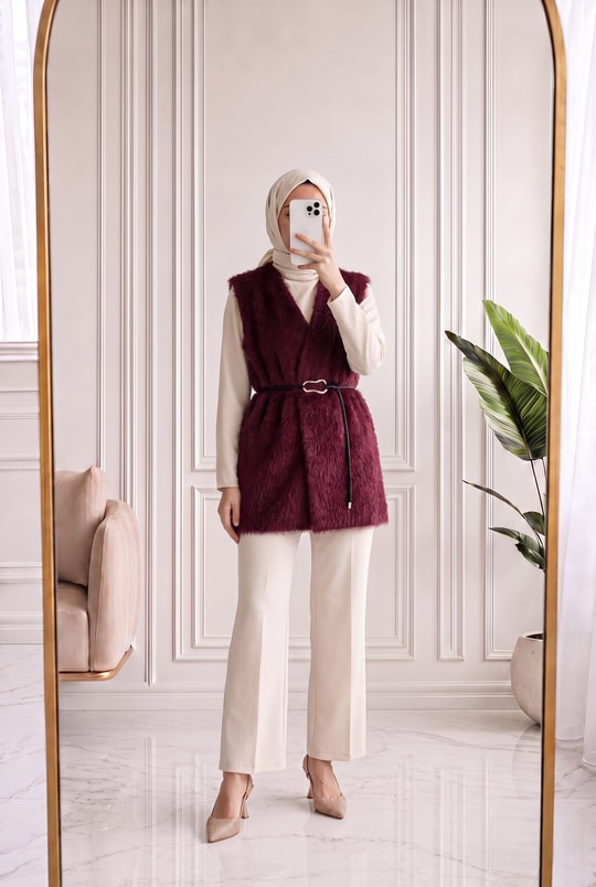 Berya Kemerli Kürklü Yelek-BN4547 Bordo