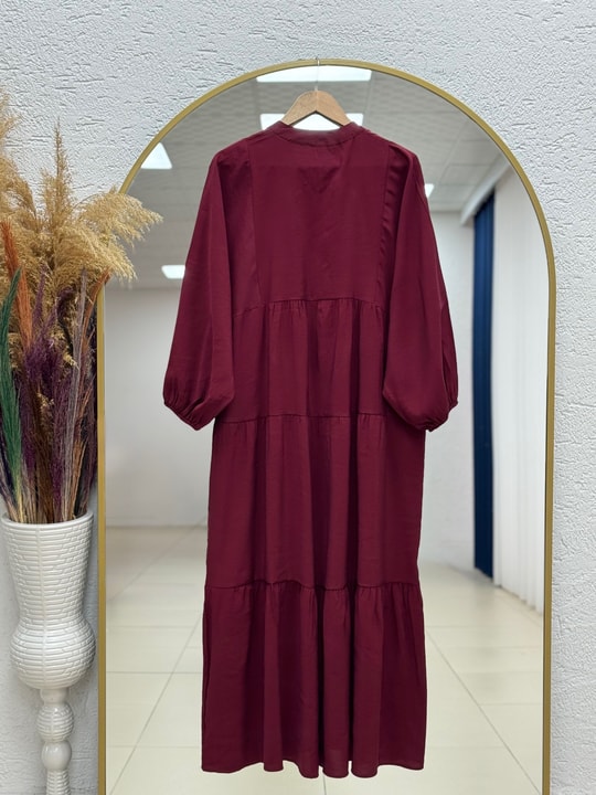 Bige Yarım Patlı Katkatlı Modal Elbise-PE626 Bordo