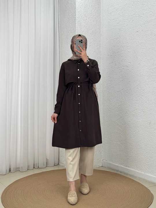 Biray Metal Düğmeli Bolerolu Uzun Tunik-GS6289 Kahve