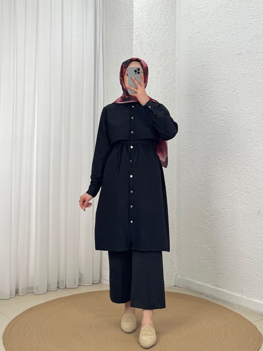 Biray Metal Düğmeli Bolerolu Uzun Tunik-GS6289 Siyah