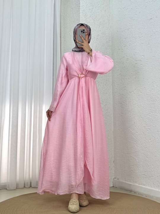 Birben Önü Tokalı Ve Bolerolu Geniş Kol Vual Elbise-FA1116 Pembe