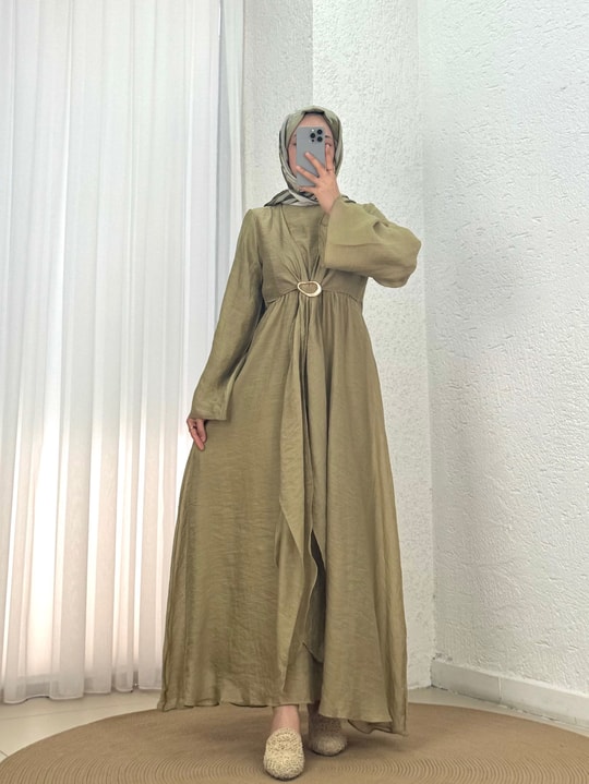 Birben Önü Tokalı Ve Bolerolu Geniş Kol Vual Elbise-FA1116 Yağ Yeşili