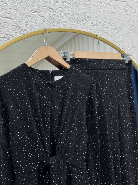 Buse Önü Bağlamalı Kol Ucu Düğmeli Taşlı Lurex Etekli Takım-EK766 Siyah