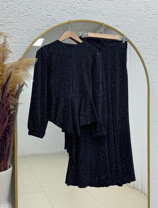 Buse Önü Bağlamalı Kol Ucu Düğmeli Taşlı Lurex Etekli Takım-EK766 Lacivert
