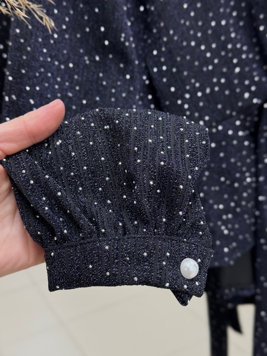 Buse Önü Bağlamalı Kol Ucu Düğmeli Taşlı Lurex Etekli Takım-EK766 Lacivert