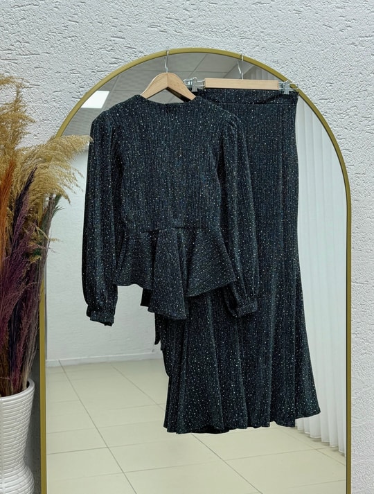 Buse Önü Bağlamalı Kol Ucu Düğmeli Taşlı Lurex Etekli Takım-EK766 Antrasit