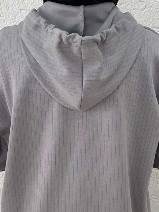 Çağıl Kendinden Çizgili Kangru Cepli Kapşonlu Sweat-MF1832 Gri