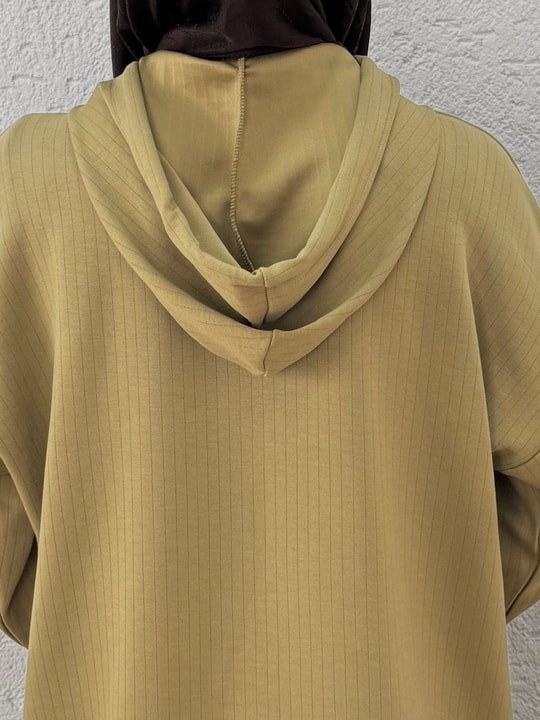 Çağıl Kendinden Çizgili Kangru Cepli Kapşonlu Sweat-MF1832 Fıstık Yeşili