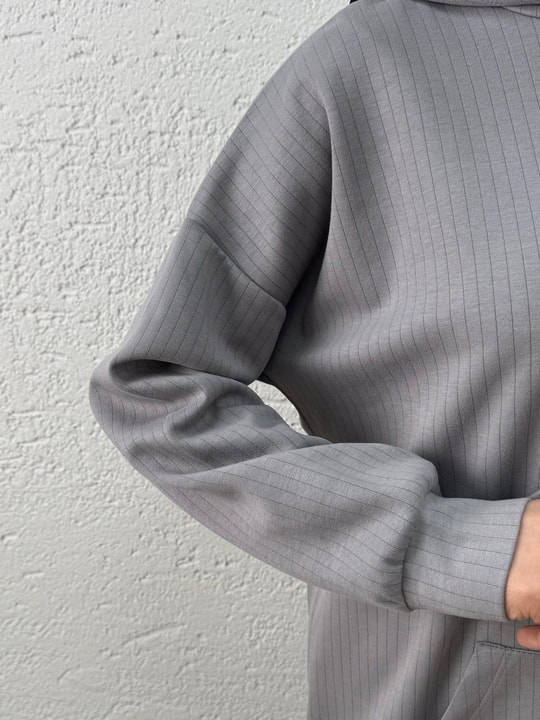 Çağıl Kendinden Çizgili Kangru Cepli Kapşonlu Sweat-MF1832 Gri