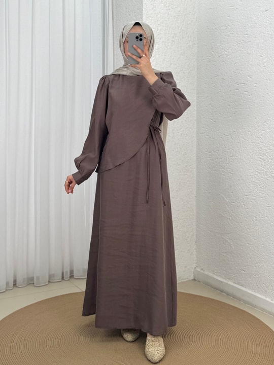 Canay Pelerinli İpli Elbise-ML2095 Kahve