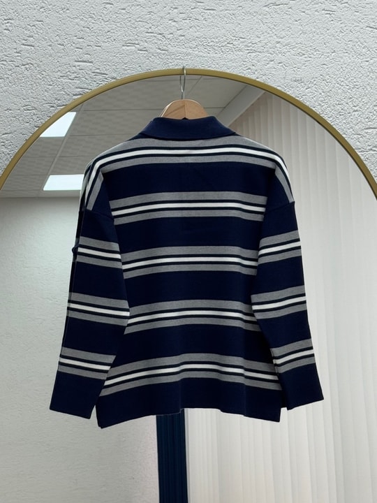 Canpare Polo Yaka Düğmeli Çizgili Triko Kazak-KR6070 Lacivert