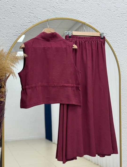 Cansel Beli Tünelli Çift Cepli Yelekli Takım-MF678 Bordo