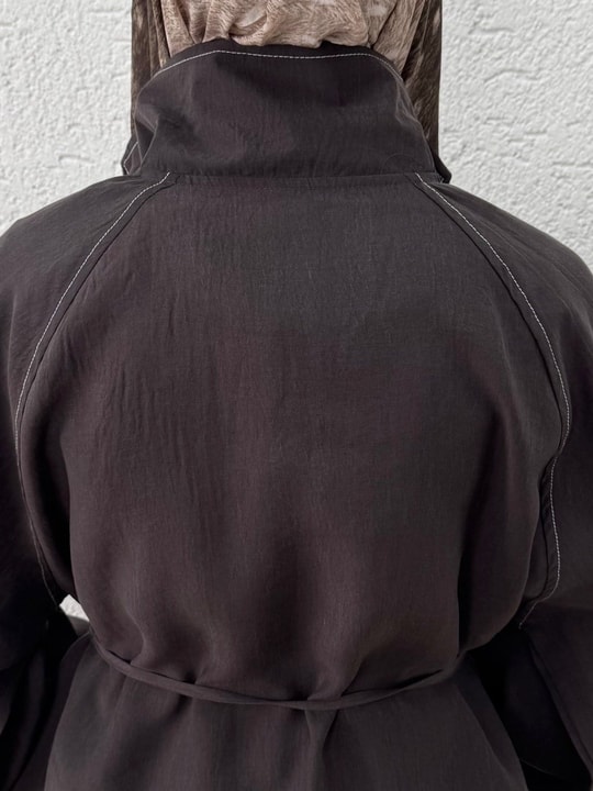 Cansın Kolu Kemerli Cepleri Kapaklı Bisiklet Yaka Fermuarlı Ceket-EU3238 Açık Kahve