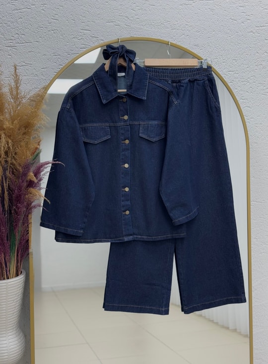 Capmora Gizli Cepli Robalı Pantolonlu Kot Takım-LS4258 Koyu Mavi