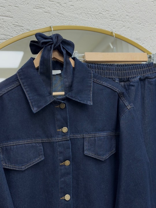 Capmora Gizli Cepli Robalı Pantolonlu Kot Takım-LS4258 Koyu Mavi