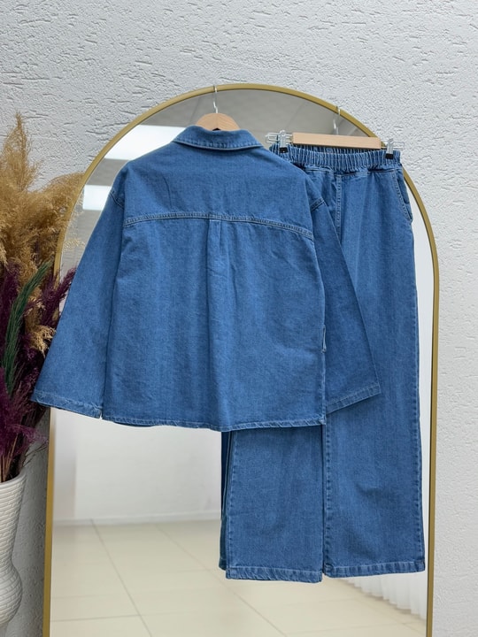 Capmora Gizli Cepli Robalı Pantolonlu Kot Takım-LS4258 Mavi