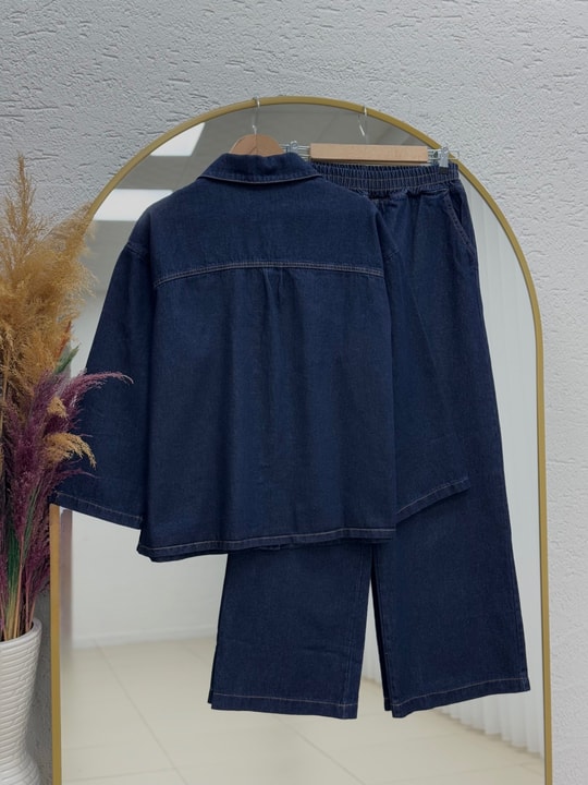 Capmora Gizli Cepli Robalı Pantolonlu Kot Takım-LS4258 Koyu Mavi