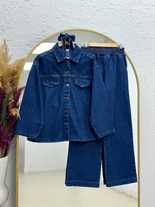 Capmora Gizli Cepli Robalı Pantolonlu Kot Takım-LS4258 Kot Rengi