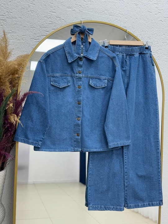 Capmora Gizli Cepli Robalı Pantolonlu Kot Takım-LS4258 Mavi