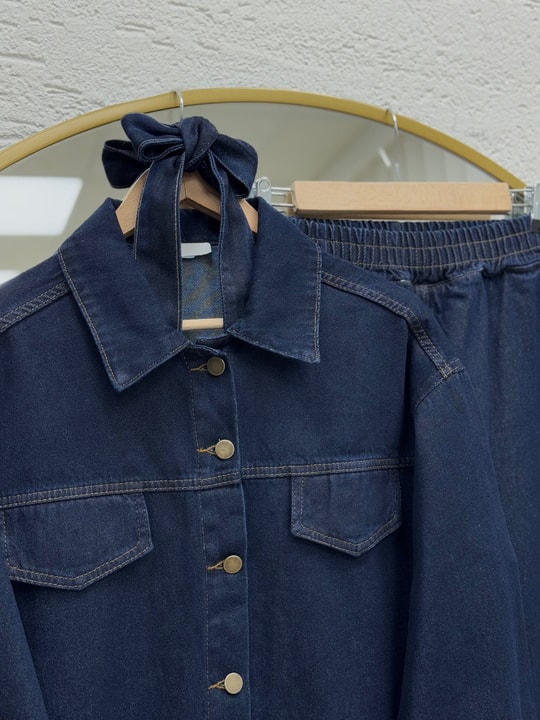 Capmora Gizli Cepli Robalı Pantolonlu Kot Takım-LS4258 Koyu Mavi