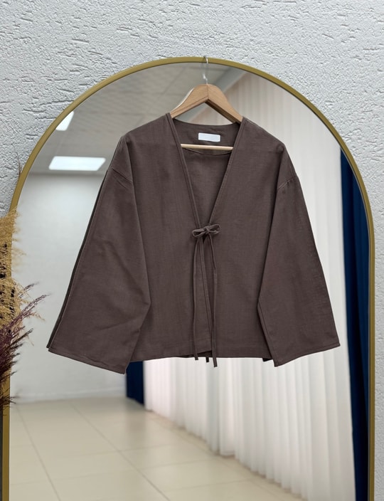 Çayır Önü Bağlamalı Geniş Kol Kimono-Zİ2206 Kahve