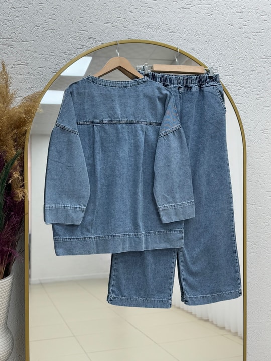 Celena Tek Cepli Metal Düğmeli Pantolonlu Kot Takım-LS8220 Açık Mavi