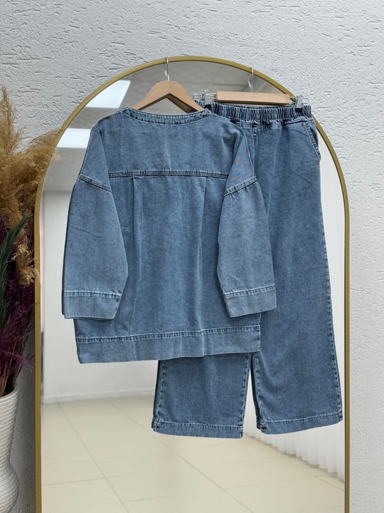 Celena Tek Cepli Metal Düğmeli Pantolonlu Kot Takım-LS8220 Açık Mavi