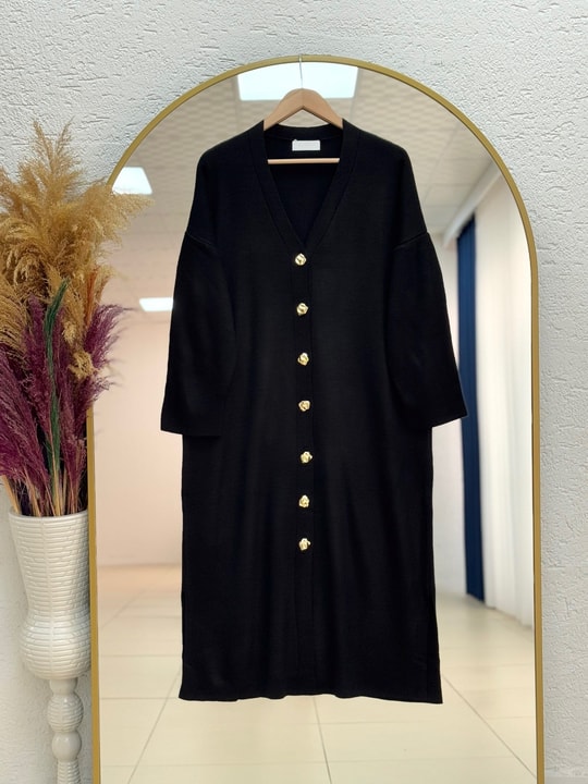 Celique Gold Düğmeli Uzun Triko Hırka-KR5014 Siyah
