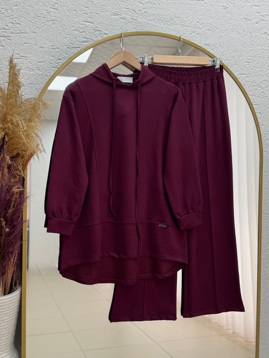 Celmora Kapşonlu Ön Parçalı Pantolonlu Takım.MF1885-AS485 Bordo