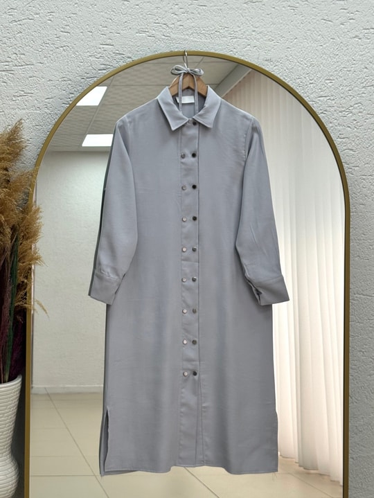 Cemay Boydan Çift Çıtçıtlı Yırtmaçlu Uzun Tunik-GS688 Gri