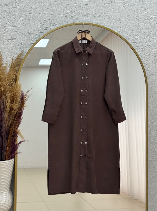 Cemay Boydan Çift Çıtçıtlı Yırtmaçlu Uzun Tunik-GS688 Kahve