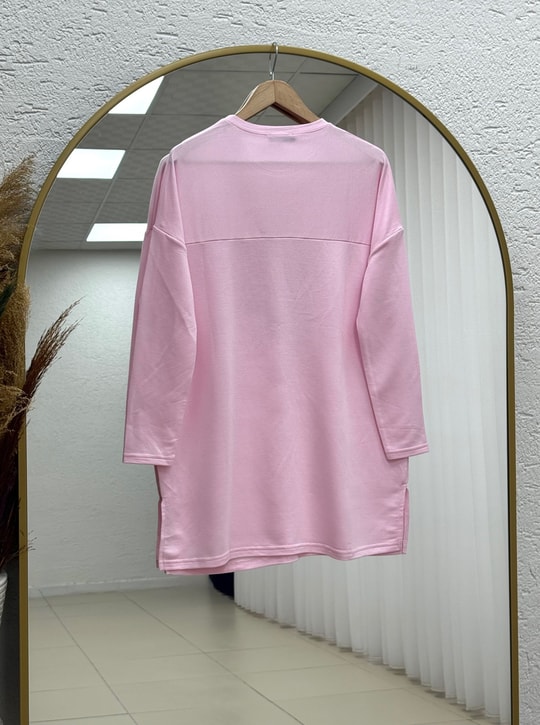 Cemşah Papatya Nakışlı Yazılı Yırtmaçlı Bluz-SS13157 Pembe