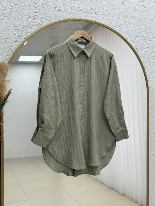 Çiğdem Çizgili Keten Karışımlı Oversize Kadın Gömlek-ZN1174 Mint