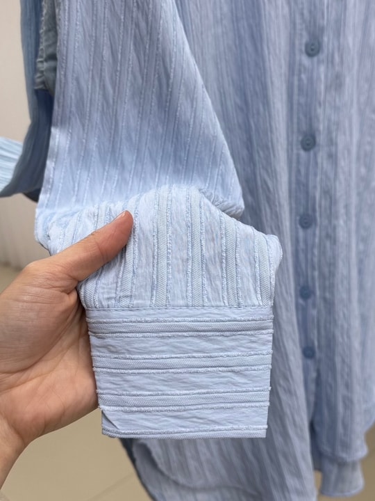 Çiğdem Çizgili Keten Karışımlı Oversize Kadın Gömlek-ZN1174 Bebe Mavisi
